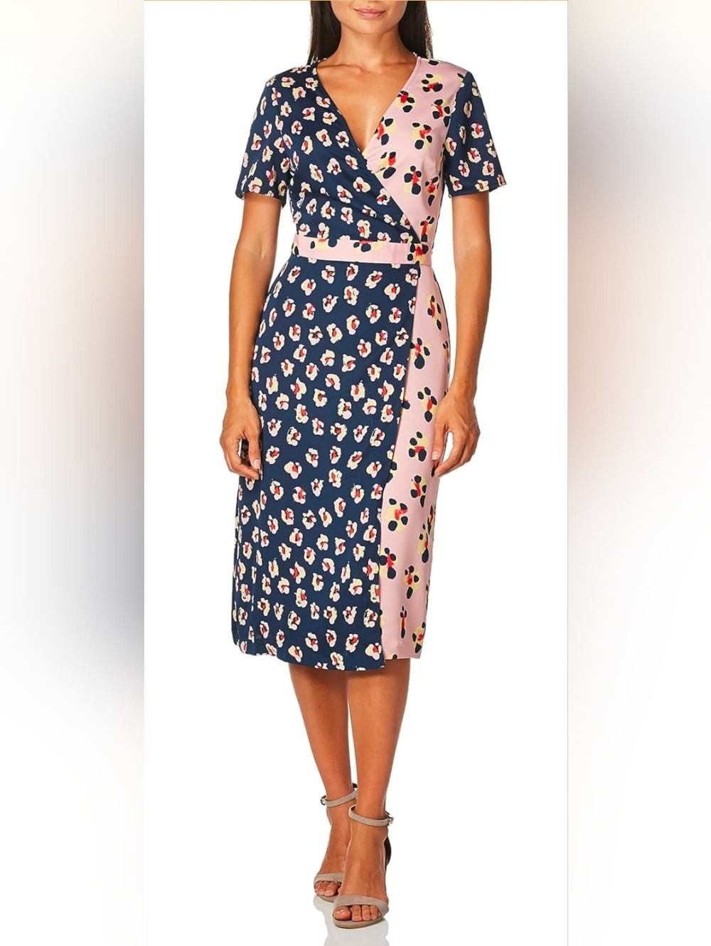 BCBGeneration Navy and Pink Contrast Floral Wrap Midi Dress. NWT - Picture 6 of 9